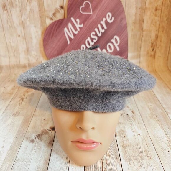 Women's rhinestone gray wool beret hat - Picture 4 of 6